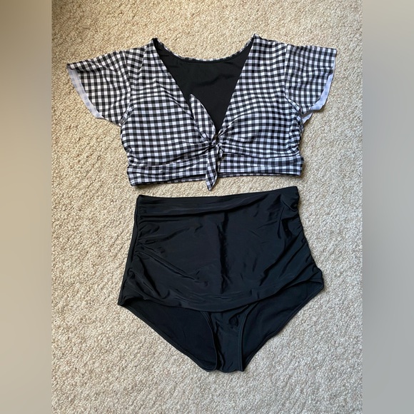 COCOship Black and White Gingham Women's Retro Ruffle High Waisted Bikini Set - Picture 1 of 10